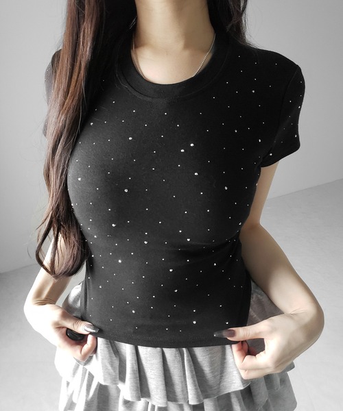 me+em select(ミームセレクト)の「【 3color 】ラインストーン半袖タイトTシャツ / Rhinestone short sleeve tight T-shirt(Tシャツ/カットソー・レディース・ホワイト/ブラック/グレー・FREE)」の15枚目の写真