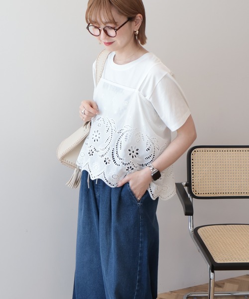 新品❤︎FRENCH PAVE,レースカーデ&amp;サイドスリットリボンベストセット 2点セット] レースリボンビスチェ+Tシャツセットアイテム レイヤード