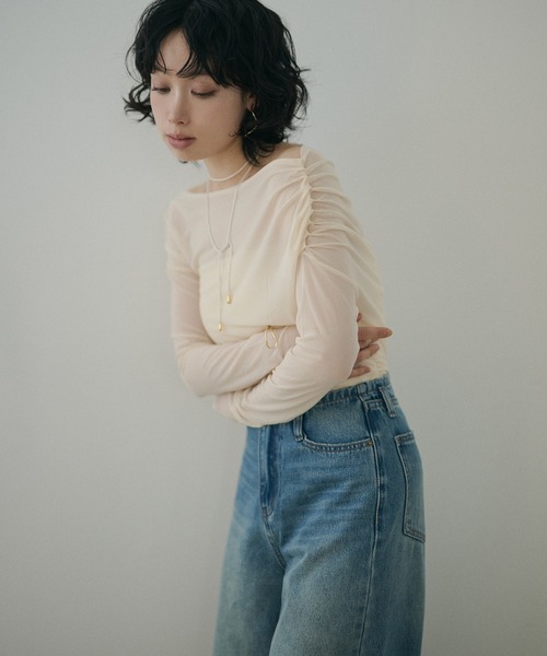 LAULEN（ローレン）の「sheer side gather drape tops /シアーサイドギャザードレープトップス（Tシャツ/カットソー・レディース・アイボリー/ブラック・FREE）」の6枚目の写真