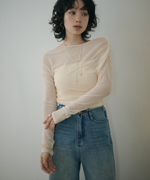 LAULEN（ローレン）の「sheer side gather drape tops /シアーサイドギャザードレープトップス（Tシャツ/カットソー・レディース・アイボリー/ブラック・FREE）」の9枚目の写真