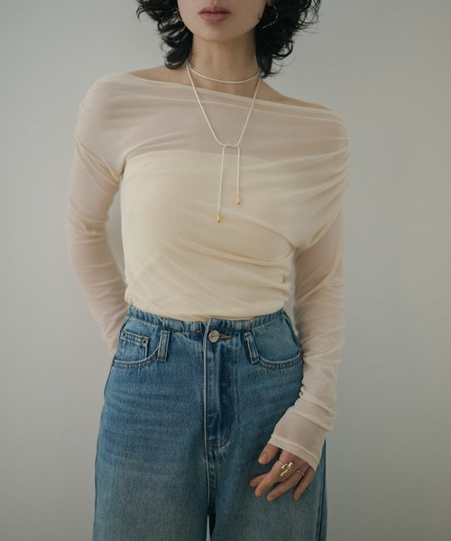 LAULEN（ローレン）の「sheer side gather drape tops /シアーサイドギャザードレープトップス（Tシャツ/カットソー・レディース・アイボリー/ブラック・FREE）」の10枚目の写真