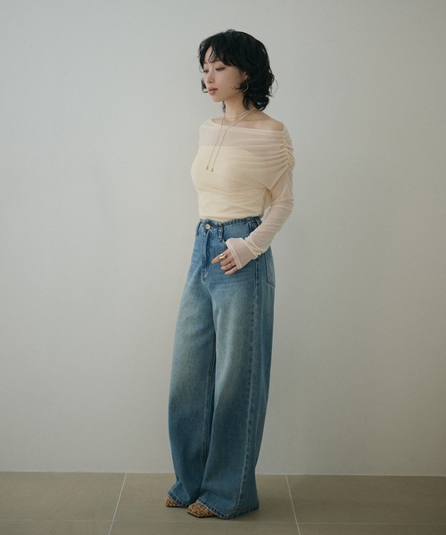 LAULEN（ローレン）の「sheer side gather drape tops /シアーサイドギャザードレープトップス（Tシャツ/カットソー・レディース・アイボリー/ブラック・FREE）」の12枚目の写真