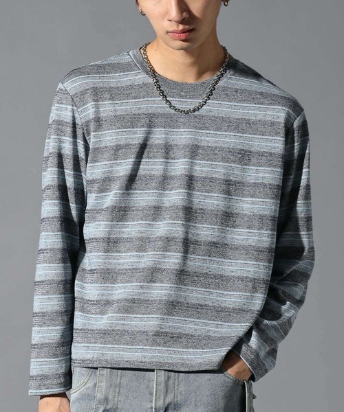 LAND MUSEUM（ランドミュージアム）の「LAND MUSEUM／マルチボーダーロンT（Tシャツ/カットソー・メンズ・ライトブルー/グレー・MEDIUM/LARGE）」の2枚目の写真