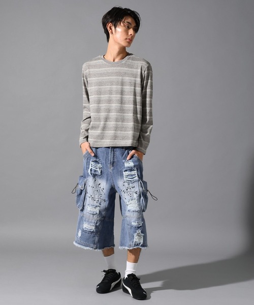 LAND MUSEUM（ランドミュージアム）の「LAND MUSEUM／マルチボーダーロンT（Tシャツ/カットソー・メンズ・ライトブルー/グレー・MEDIUM/LARGE）」の3枚目の写真