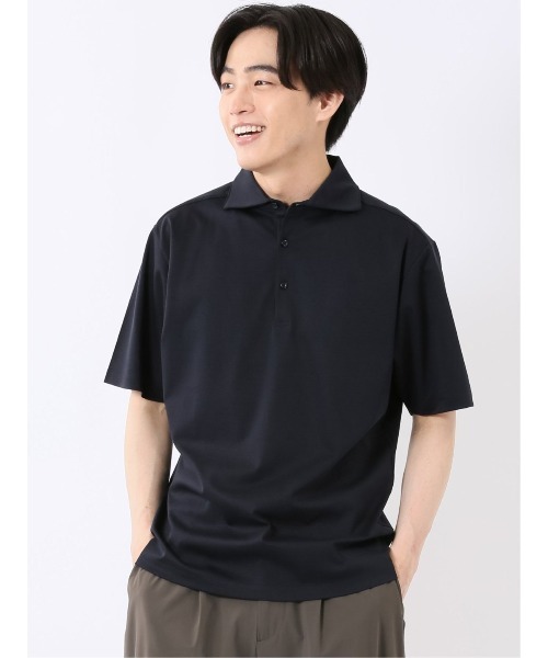 TAKA-Q(タカキュー)の「ポロシャツ 半袖 メンズ ストレッチ 接触冷感 抗菌防臭 UV 綿 コットン 無地 ワイドカラーシルケット スムス(ポロシャツ・メンズ・ネイビー/ブラック・X-LARGE/MEDIUM/LARGE)」の1枚目の写真