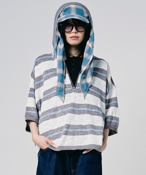EFFECTEN(エフェクテン)の「mpa4145-Slab knit border half zip hoodie ハーフジップニットパーカー(efdig-14)(パーカー・メンズ・グレー×サックスブルー/ネイビー系・M/L)」の17枚目の写真