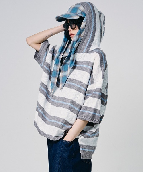 EFFECTEN(エフェクテン)の「mpa4145-Slab knit border half zip hoodie ハーフジップニットパーカー(efdig-14)(パーカー・メンズ・グレー×サックスブルー/ネイビー系・M/L)」の16枚目の写真
