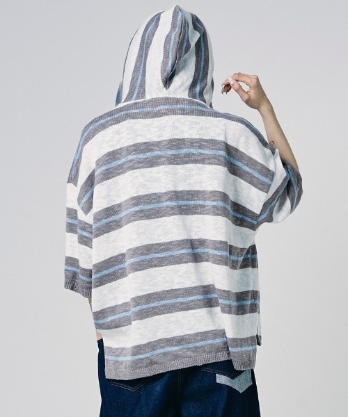 EFFECTEN(エフェクテン)の「mpa4145-Slab knit border half zip hoodie ハーフジップニットパーカー(efdig-14)(パーカー・メンズ・グレー×サックスブルー/ネイビー系・M/L)」の15枚目の写真