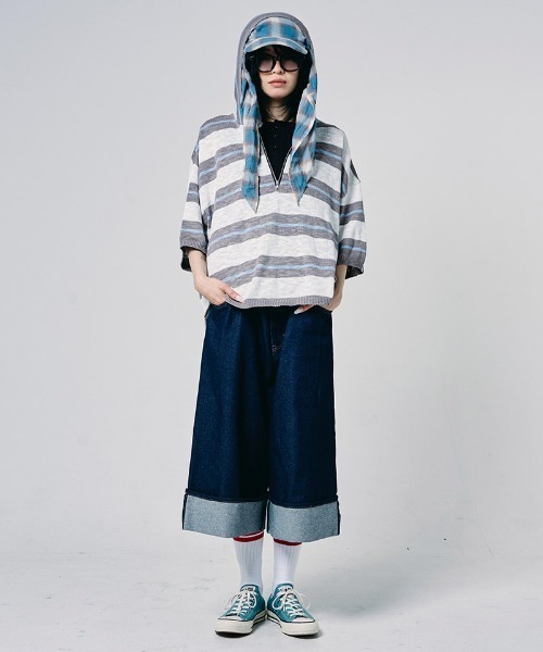 EFFECTEN(エフェクテン)の「mpa4145-Slab knit border half zip hoodie ハーフジップニットパーカー(efdig-14)(パーカー・メンズ・グレー×サックスブルー/ネイビー系・M/L)」の14枚目の写真