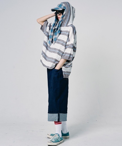 EFFECTEN(エフェクテン)の「mpa4145-Slab knit border half zip hoodie ハーフジップニットパーカー(efdig-14)(パーカー・メンズ・グレー×サックスブルー/ネイビー系・M/L)」の13枚目の写真