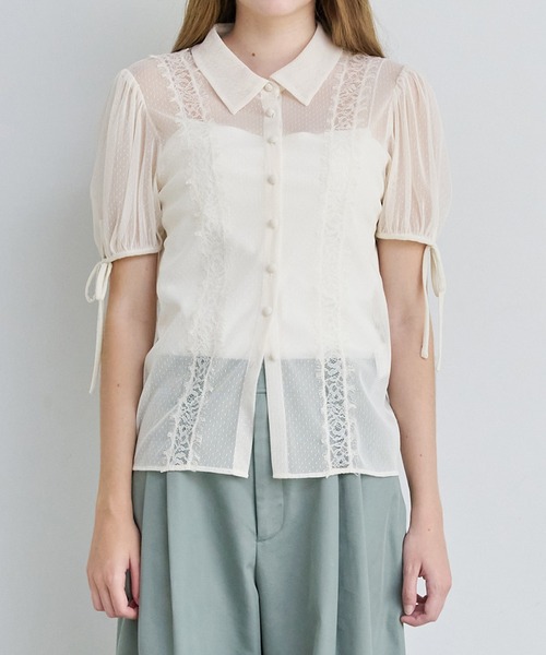 LE CIEL BLEU（ルシェルブルー）の「ドットチュール＆レースブラウス / Dot Tulle & Lace Blouse（シャツ/ブラウス・レディース・ネイビー/ブラック/オフホワイト・38/36）」の11枚目の写真