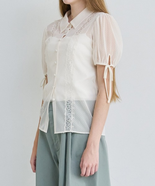 LE CIEL BLEU（ルシェルブルー）の「ドットチュール＆レースブラウス / Dot Tulle & Lace Blouse（シャツ/ブラウス・レディース・ネイビー/ブラック/オフホワイト・38/36）」の13枚目の写真