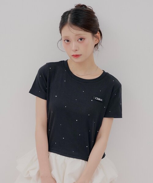 Chico(チコ)の「ラインストーンチビT(Tシャツ/カットソー・レディース・ホワイト系その他2/ピンク/ホワイト/ブラック・FREE)」の4枚目の写真