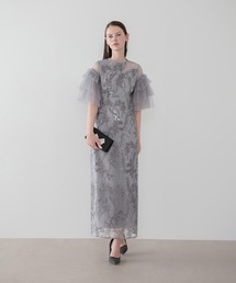 【LEJA】ビジューカッティングチュールスリーブIラインワンピースドレス美脚効果結婚式 パーティードレス 成人式 二次会 同窓会 お呼ばれ オケージョン 20代 30代
