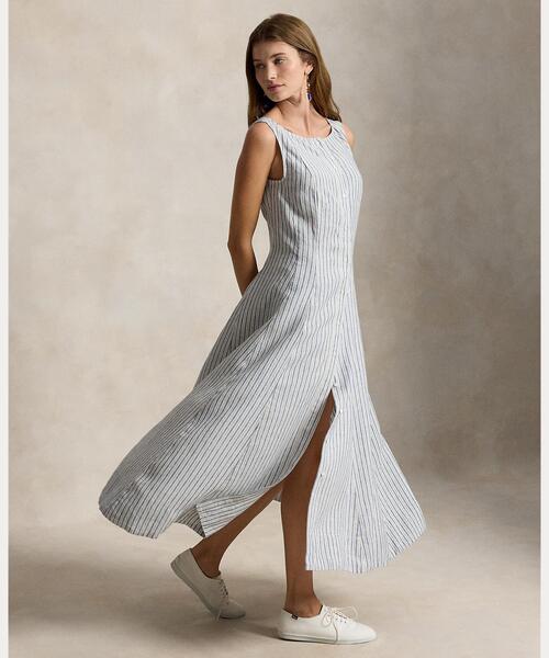 POLO RALPH LAUREN(ポロ ラルフ ローレン)の「ストライプド パネルド リネン ドレス(ワンピース・レディース・ブルー・0/00/2/4/6/8)」の1枚目の写真