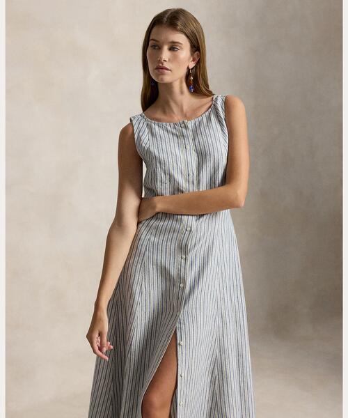 POLO RALPH LAUREN(ポロ ラルフ ローレン)の「ストライプド パネルド リネン ドレス(ワンピース・レディース・ブルー・0/00/2/4/6/8)」の3枚目の写真