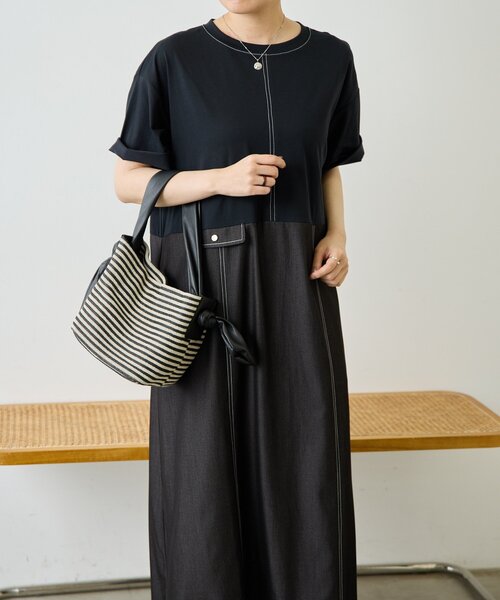 ear PAPILLONNER(イアパピヨネ)の「切替Tシャツワンピース【SUM1 STYLE】(ワンピース・レディース・ブラック/サックスブルー・FREE)」の1枚目の写真