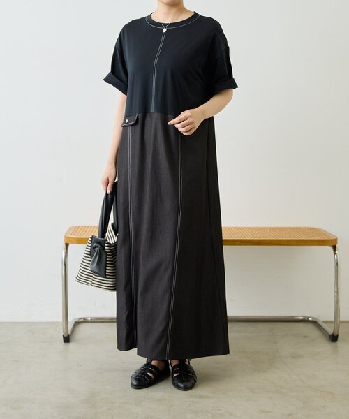 ear PAPILLONNER(イアパピヨネ)の「切替Tシャツワンピース【SUM1 STYLE】(ワンピース・レディース・ブラック/サックスブルー・FREE)」の3枚目の写真