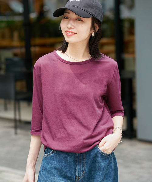 SLOBE IENA(スローブイエナ)の「《追加》シアー天竺5分袖Tシャツ(Tシャツ/カットソー・レディース・アイボリー/サックスブルー/ブラウン/ボルドー・FREE)」の1枚目の写真