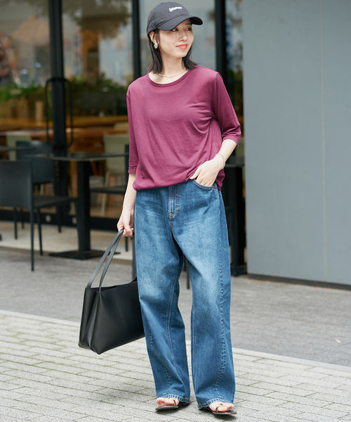 SLOBE IENA(スローブイエナ)の「《追加》シアー天竺5分袖Tシャツ(Tシャツ/カットソー・レディース・アイボリー/サックスブルー/ブラウン/ボルドー・FREE)」の8枚目の写真