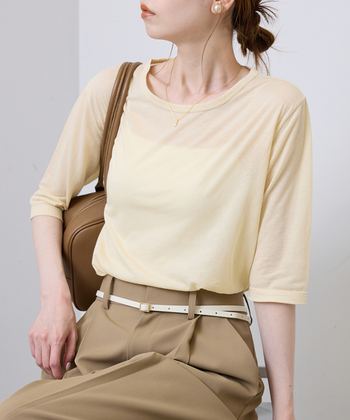 SLOBE IENA(スローブイエナ)の「《追加》シアー天竺5分袖Tシャツ(Tシャツ/カットソー・レディース・アイボリー/サックスブルー/ブラウン/ボルドー・FREE)」の18枚目の写真