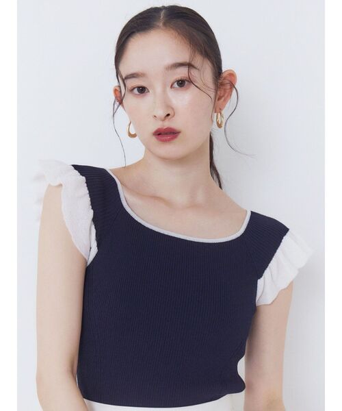 LAGUNAMOON(ラグナムーン)の「フリルリブフレンチスリーブニット 【夏服】【半袖】(ニット/セーター・レディース・ホワイト/ネイビー/ミント・FREE)」の5枚目の写真