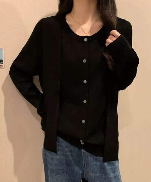 Girly Doll(ガーリードール)の「フェイクレイヤードニットカーディガン(カーディガン/ボレロ・レディース・ブラック/ダークグレー・F)」の5枚目の写真