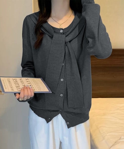 Girly Doll(ガーリードール)の「フェイクレイヤードニットカーディガン(カーディガン/ボレロ・レディース・ブラック/ダークグレー・F)」の11枚目の写真