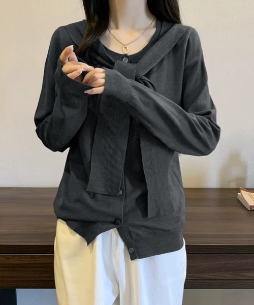Girly Doll(ガーリードール)の「フェイクレイヤードニットカーディガン(カーディガン/ボレロ・レディース・ブラック/ダークグレー・F)」の9枚目の写真