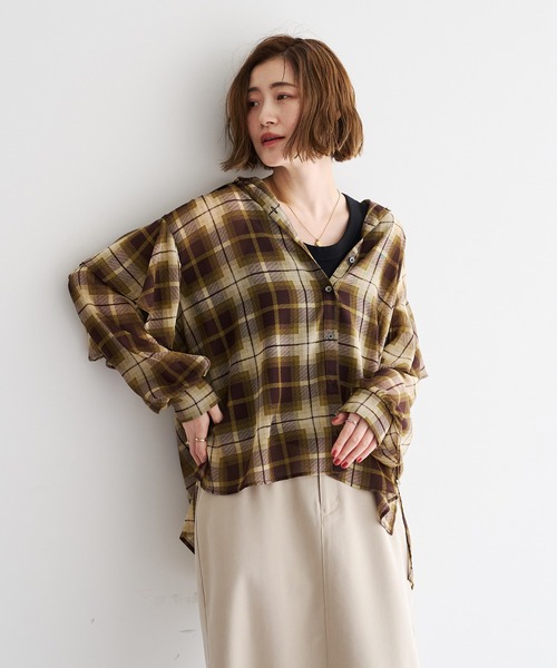 YECCA VECCA(イェッカヴェッカ)の「チェック柄シアーラッフルシャツ(シャツ/ブラウス・レディース・ブラック/ブラウン・FREE)」の17枚目の写真