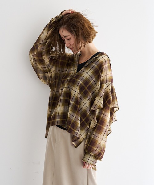 YECCA VECCA(イェッカヴェッカ)の「チェック柄シアーラッフルシャツ(シャツ/ブラウス・レディース・ブラック/ブラウン・FREE)」の19枚目の写真