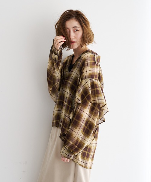 YECCA VECCA(イェッカヴェッカ)の「チェック柄シアーラッフルシャツ(シャツ/ブラウス・レディース・ブラック/ブラウン・FREE)」の20枚目の写真
