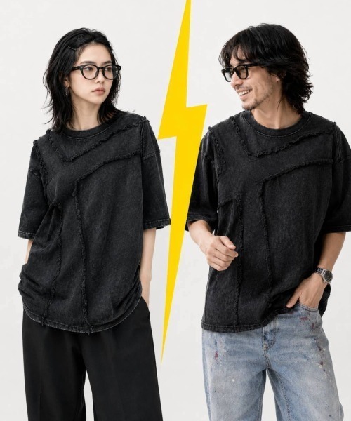 KAMINARI_TOKIO（カミナリトキオ）の「ピグメント加工フリンジ切替Tシャツ（Tシャツ/カットソー・レディース・ベージュ/ブラック・FREE）」の2枚目の写真