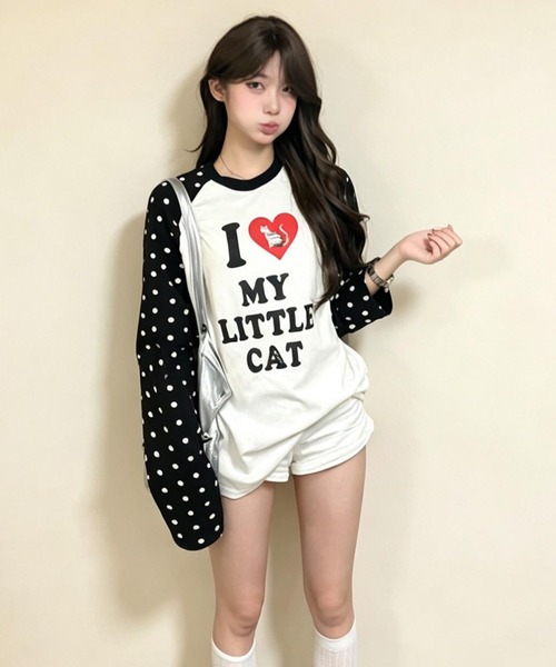 GEMEDA(ジェメダ)の「ドット柄袖 かわいいロングT(Tシャツ/カットソー・レディース・ブラック/ピンク/ブラウン・M)」の1枚目の写真