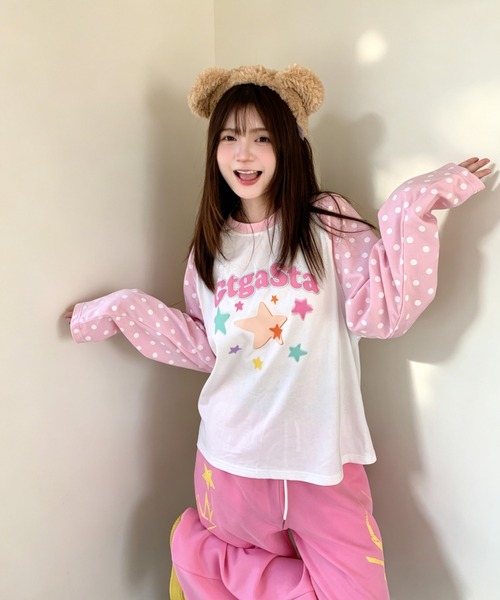 GEMEDA(ジェメダ)の「ドット柄袖 かわいいロングT(Tシャツ/カットソー・レディース・ブラック/ピンク/ブラウン・M)」の5枚目の写真