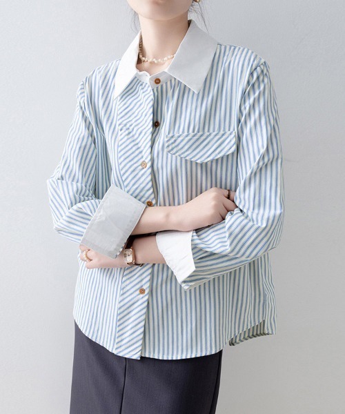 ONEP STAR(ワンピスター)の「ストライプ配色切り替え長袖シャツ(シャツ/ブラウス・レディース・ストライプ・MEDIUM/X-LARGE/LARGE)」の10枚目の写真