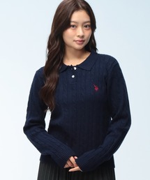U.S. POLO ASSN. (ユーエスポロアッスン) 【Women】 ニット ポロシャツ 長袖 レディース ワンポイントロゴ ケーブル編み 襟付き トップス セーター PLL63400