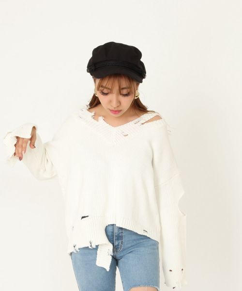 ENVYM（アンビー）の「ＤＡＭＡＧＥ ＣＲＯＰＰＥＤ ＫＮＩＴ                （ニット/セーター・レディース・ホワイト/ブラック/ピンク/イエロー・FREE）」の2枚目の写真