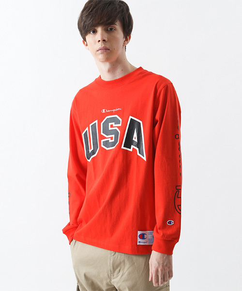 Champion(チャンピオン)の「【Champion/チャンピオン】メンズ アクションスタイル ロングスリーブTシャツ(Tシャツ/カットソー・メンズ・ホワイト/ブラック/オレンジ・LARGE/MEDIUM/SMALL/X-LARGE)」の1枚目の写真