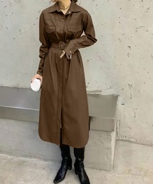 me+em select | バックルベルト付き フェイクレザーシャツワンピース(トレンチコート)