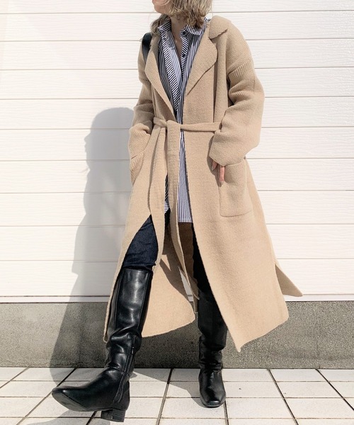 Q(キュー)の「ニットロングカーディガン(カーディガン/ボレロ・レディース・ベージュ/ブラック・MEDIUM)」の1枚目の写真