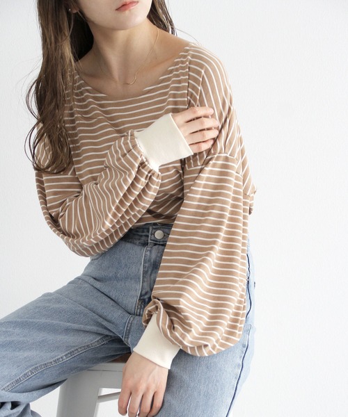 Crisp（クリスプ）の「ボリュームスリーブボーダーTシャツ（Tシャツ/カットソー・レディース・ブラウン/ピンク/ブルー・FREE）」の2枚目の写真