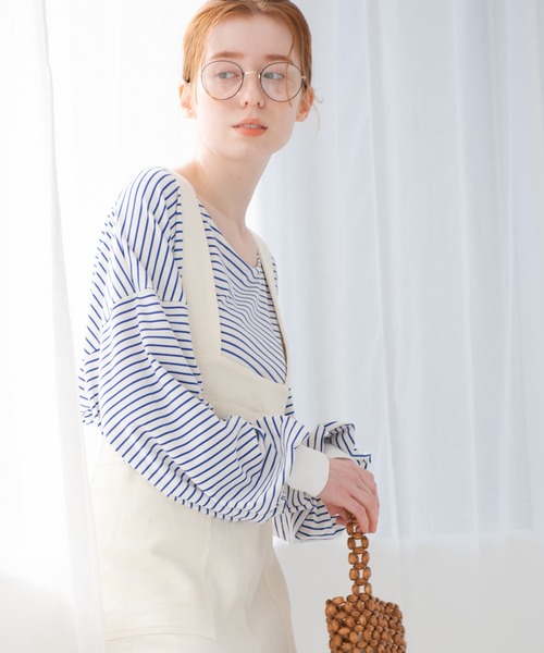 Crisp（クリスプ）の「ボリュームスリーブボーダーTシャツ（Tシャツ/カットソー・レディース・ブラウン/ピンク/ブルー・FREE）」の8枚目の写真