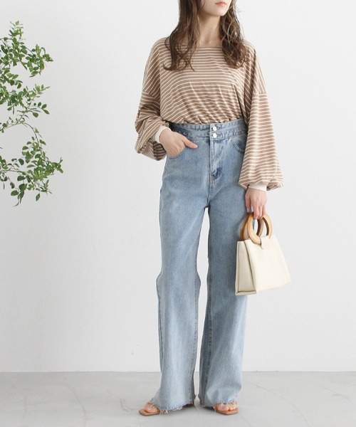 Crisp（クリスプ）の「ボリュームスリーブボーダーTシャツ（Tシャツ/カットソー・レディース・ブラウン/ピンク/ブルー・FREE）」の12枚目の写真