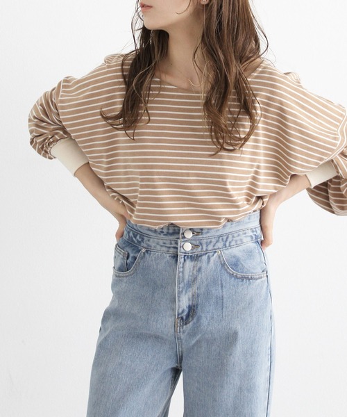 Crisp（クリスプ）の「ボリュームスリーブボーダーTシャツ（Tシャツ/カットソー・レディース・ブラウン/ピンク/ブルー・FREE）」の15枚目の写真