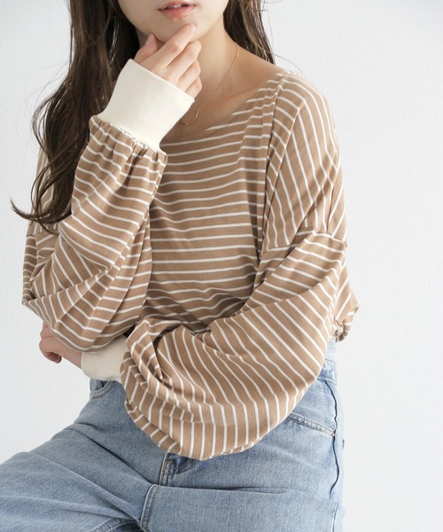 Crisp（クリスプ）の「ボリュームスリーブボーダーTシャツ（Tシャツ/カットソー・レディース・ブラウン/ピンク/ブルー・FREE）」の18枚目の写真