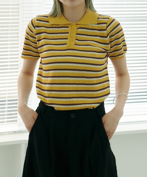 HALEY PESCA(ヘーリーペスカ)の「HALEY PESCA/ボーダーリブニット 半袖ポロシャツ(ポロシャツ・レディース・ホワイト/ブラック/レッド/イエロー・FREE)」の3枚目の写真