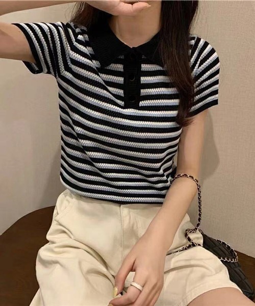 HALEY PESCA(ヘーリーペスカ)の「HALEY PESCA/ボーダーリブニット 半袖ポロシャツ(ポロシャツ・レディース・ホワイト/ブラック/レッド/イエロー・FREE)」の5枚目の写真