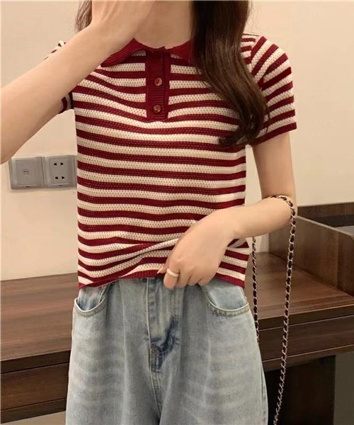 HALEY PESCA(ヘーリーペスカ)の「HALEY PESCA/ボーダーリブニット 半袖ポロシャツ(ポロシャツ・レディース・ホワイト/ブラック/レッド/イエロー・FREE)」の6枚目の写真