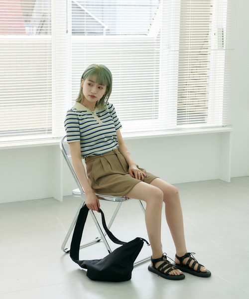 HALEY PESCA(ヘーリーペスカ)の「HALEY PESCA/ボーダーリブニット 半袖ポロシャツ(ポロシャツ・レディース・ホワイト/ブラック/レッド/イエロー・FREE)」の14枚目の写真